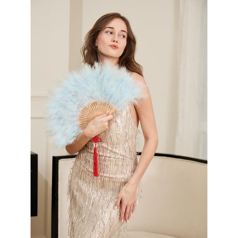 Happy Feather Handheld Marabou Feather Fan, 1920s Vintage Style Flapper Hand Fan for Costume Party and Dancing-Light Blue - Image 2